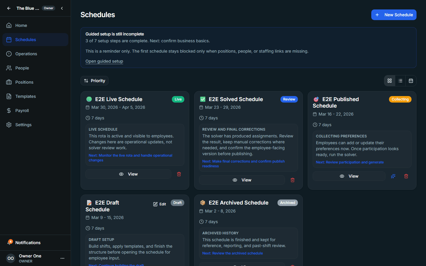 Schedules page showing schedule list and creation actions.