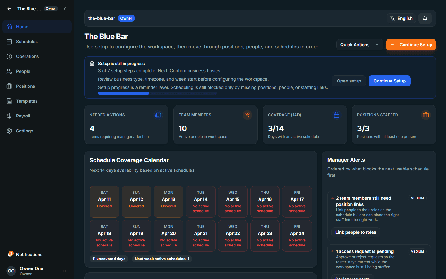 Workspace home page with setup-related manager information.